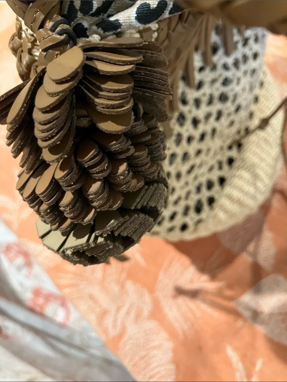 Chico's Tan & Cream Woven Fringe Drawstring Tote